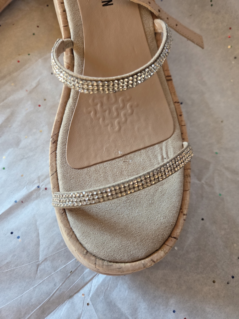 Steve Madden Tan Cork Wedge Sandals with Rhinestone Straps - Picture 2 of 4